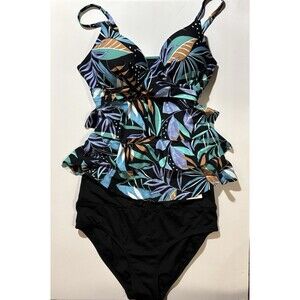 New Leilani Swim Set Palm Tankini Swim Top & High Waisted Black Bottoms Size 6